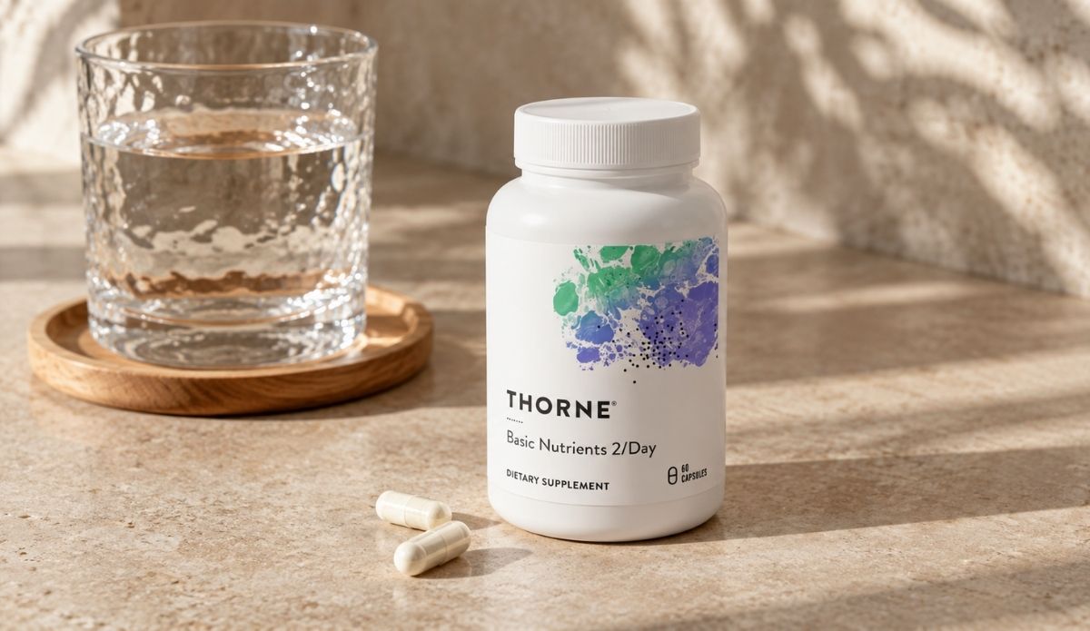 Thorne Basic Nutrients 2/Day multivitamin på lyst bord med et glass vann og to kapsler i naturlig morgenlys.
