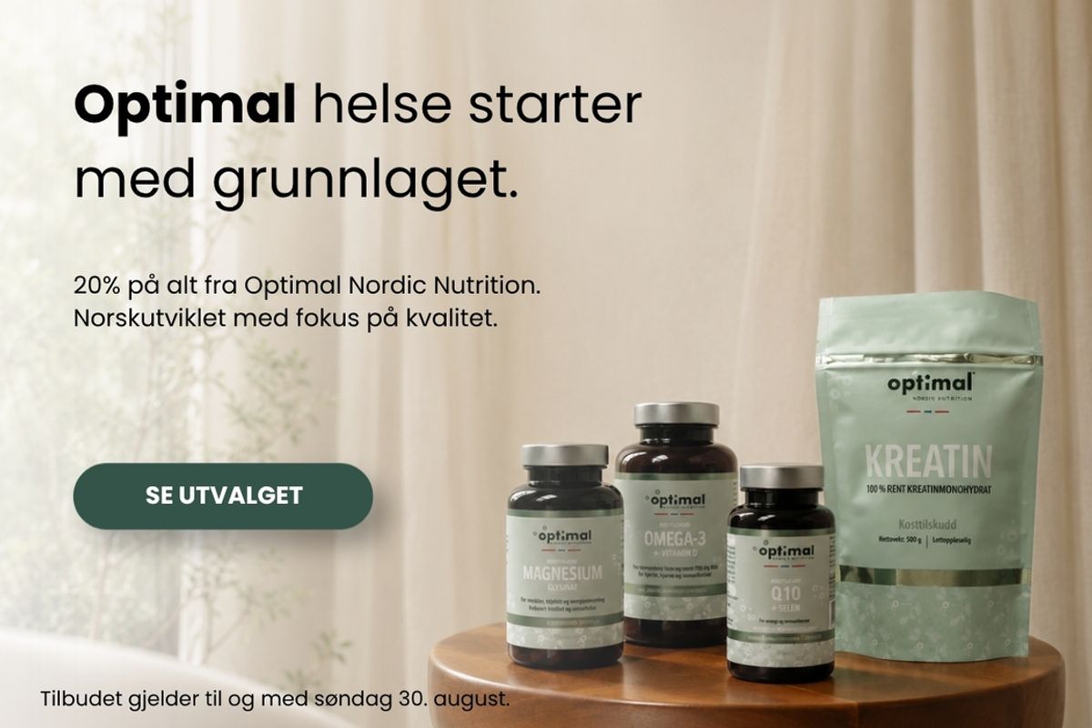 Fyll opp med dine daglige essentials. Nå får du 20% rabatt på hele utvalget fra Optimal Nordic Nutrition hos vitaminX.