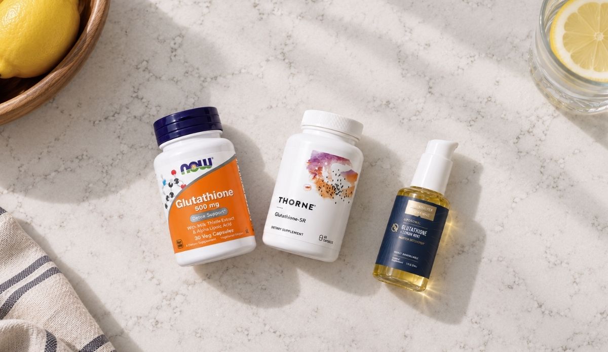 Glutathione fra NOW Foods, Thorne og Quicksilver i et delikat miljø på en kjøkkenbenk med naturlig lys