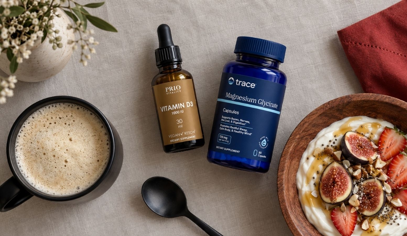 Flatlay med Prio Vitality Vitamin D3 og Trace Magnesium Glycinate sammen med kaffe og frokost.