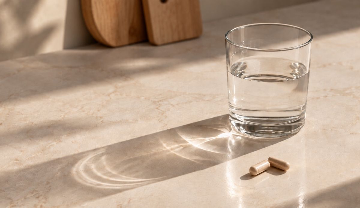Et glass på en benkeplate i stein med kosttilskudd i kapselform i et naturlig, delikat lys