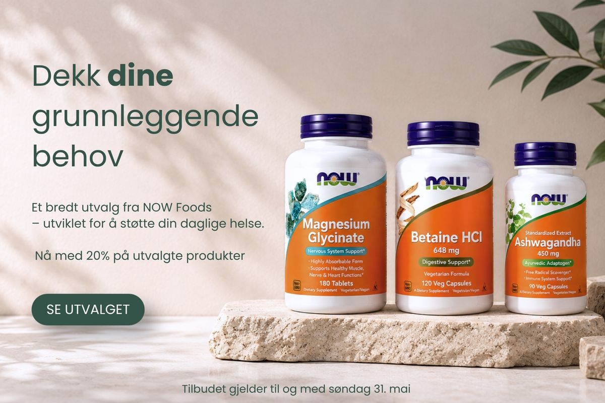 Utvalgte NOW Foods kosttilskudd inkludert magnesium glycinate, betaine HCl og ashwagandha presentert i et rolig, naturlig miljø med fokus på grunnleggende helse og kvalitet